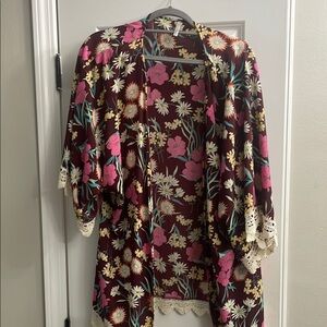 Floral Kimono with Lace Trim
